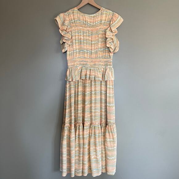 Ulla Johnson Bendetta Dress in Opal Sz 4 Peach Cream Blue Silk Chiffon Ruffles - Picture 14 of 16